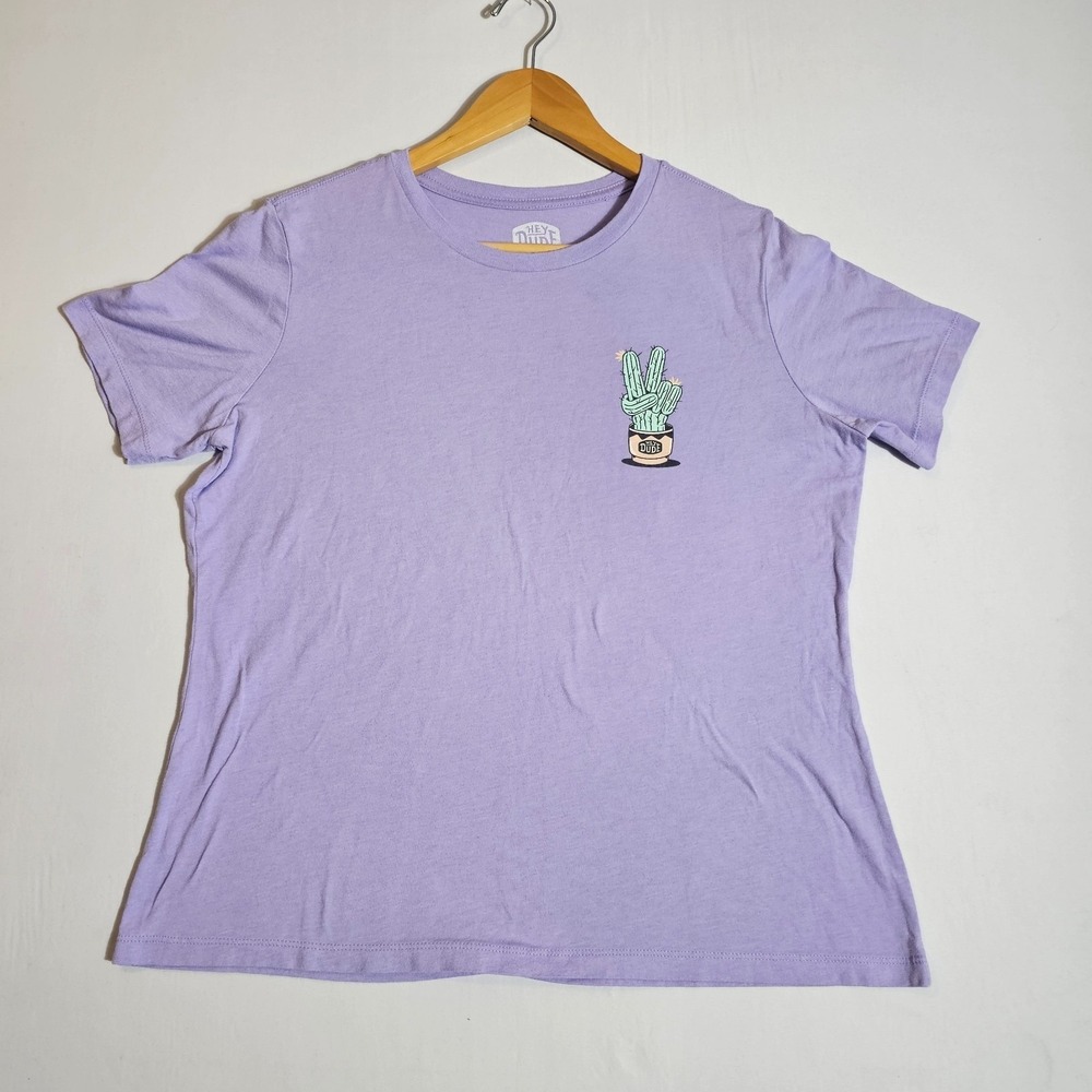 Hey Dude Shirt Womens Large Lavender Cotton Cactus Graphic Short Sleeve Pullover
